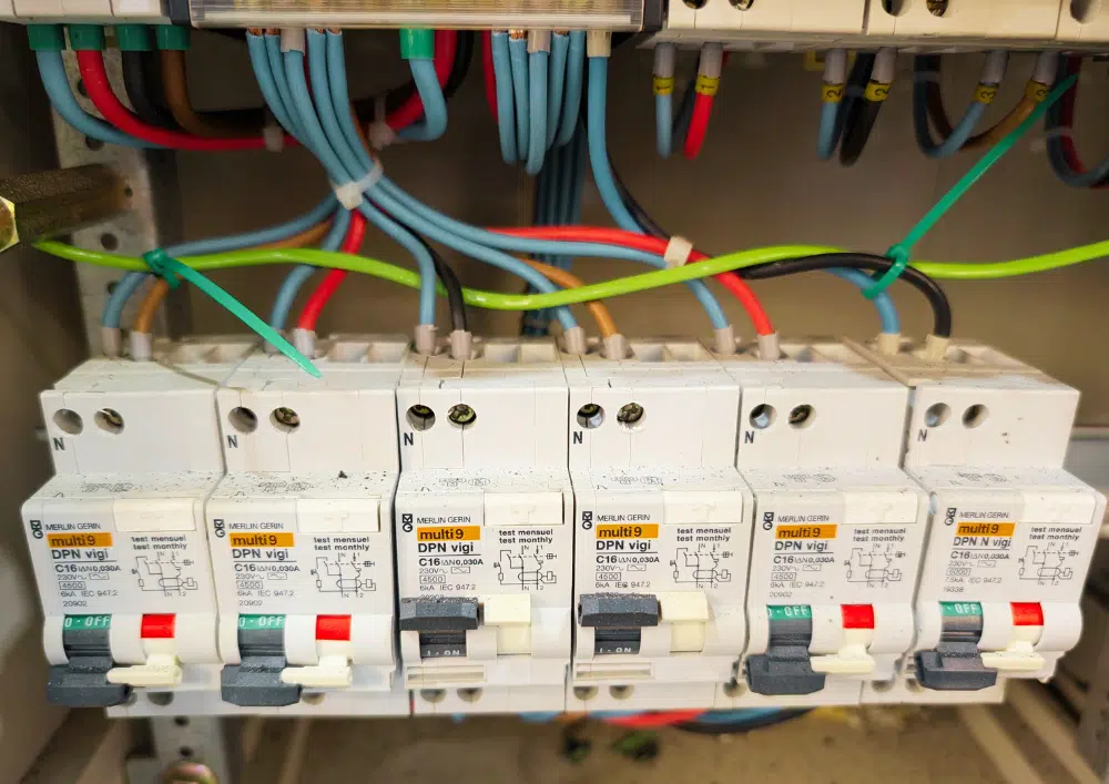 Câble AS-DETECTION positionné en linéaire au-dessus des disjoncteurs d'un tableau électrique