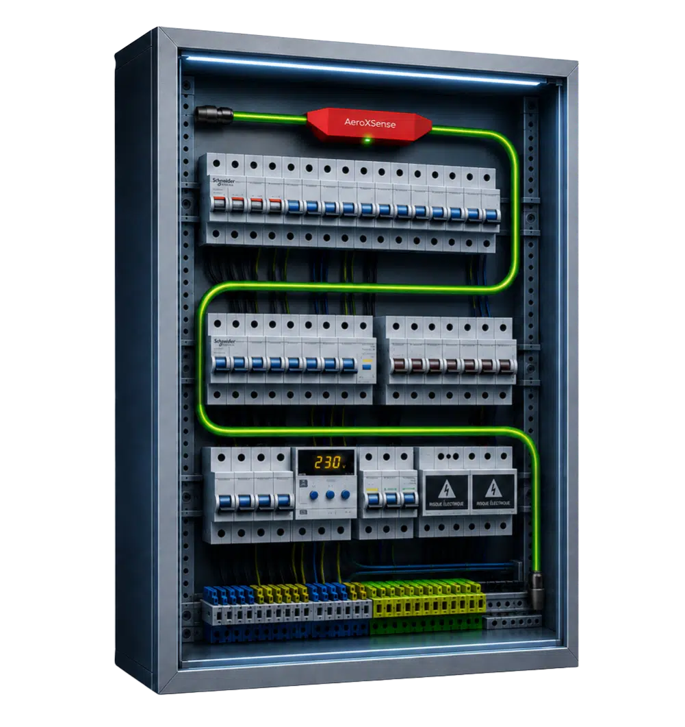Extincteur automatique AeroXFireshield AX40 avec câble de détection linéaire dans un tableau électrique