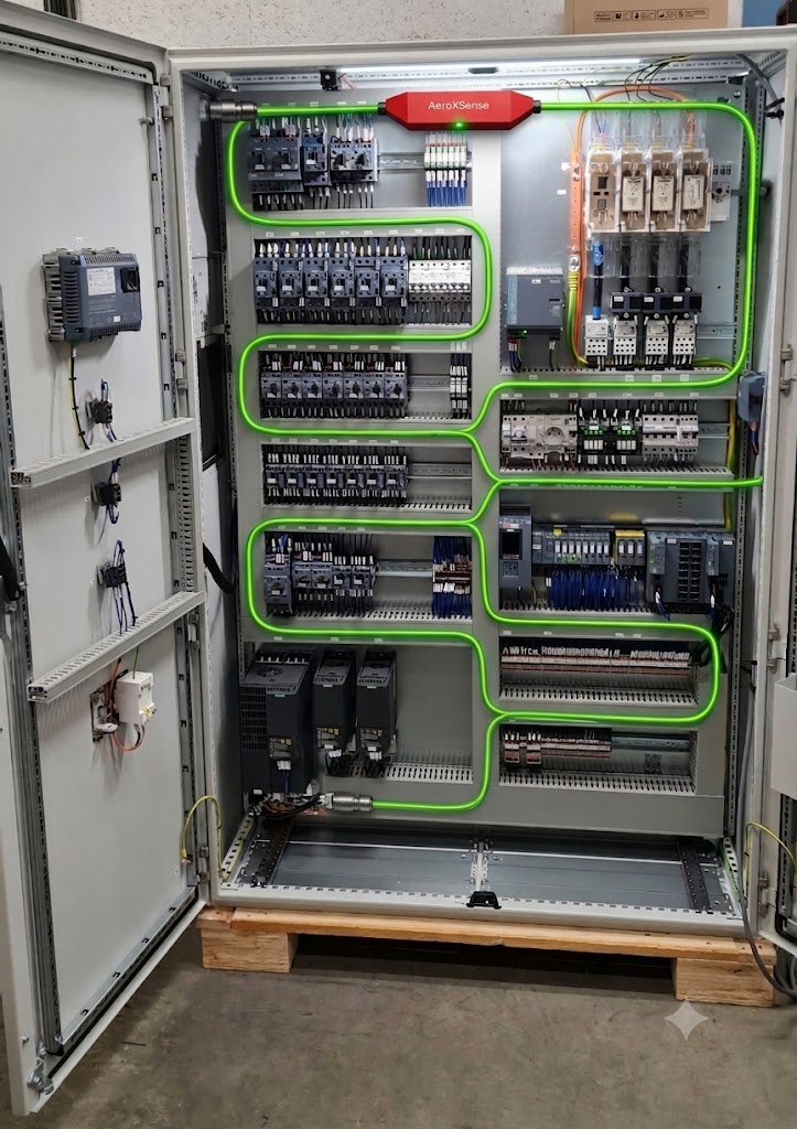 Détection linéaire thermosensible en S dans une armoire électrique industrielle AeroXFireshield